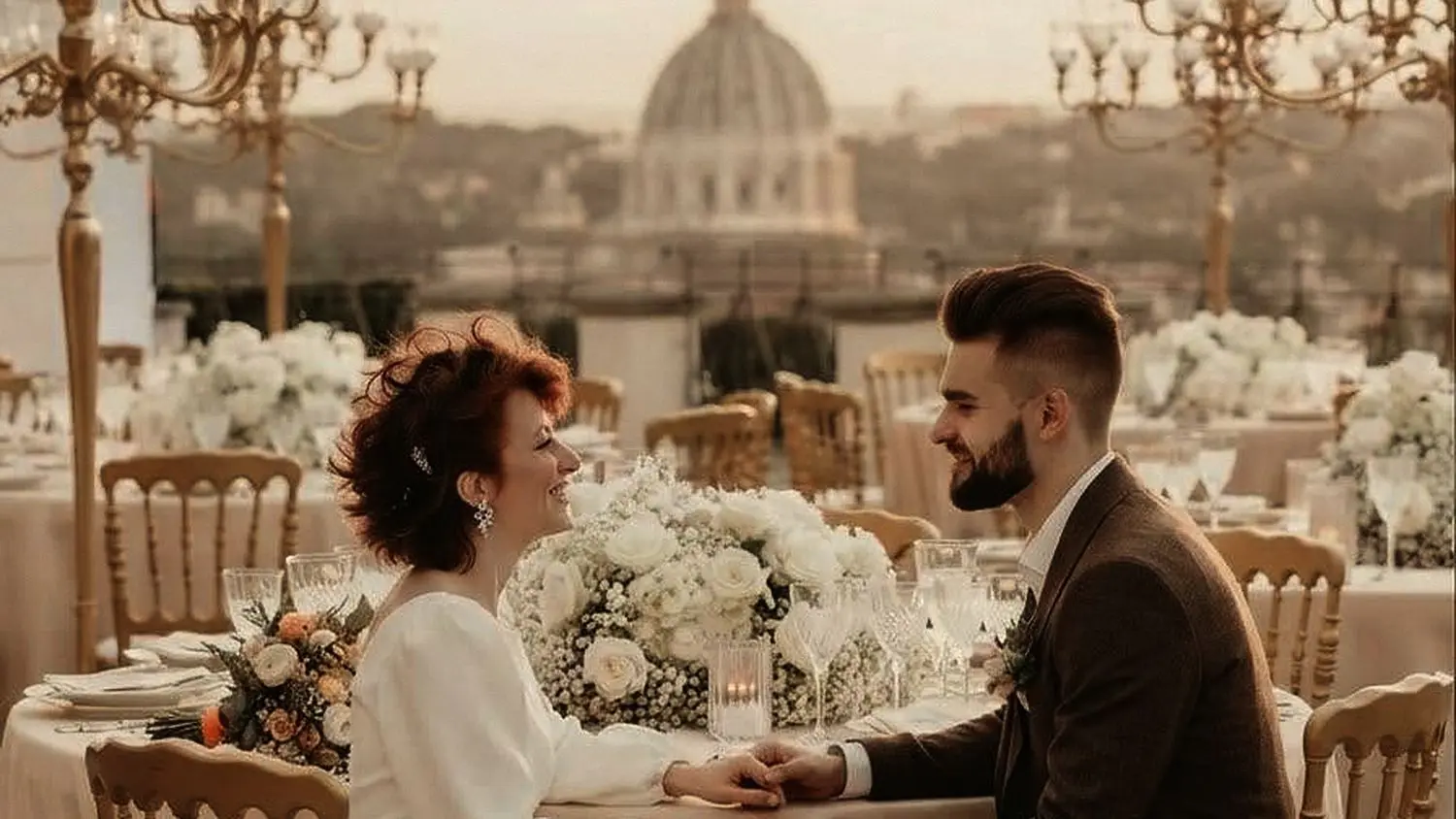 Dinner at dusk, candelabras and the skyline behind