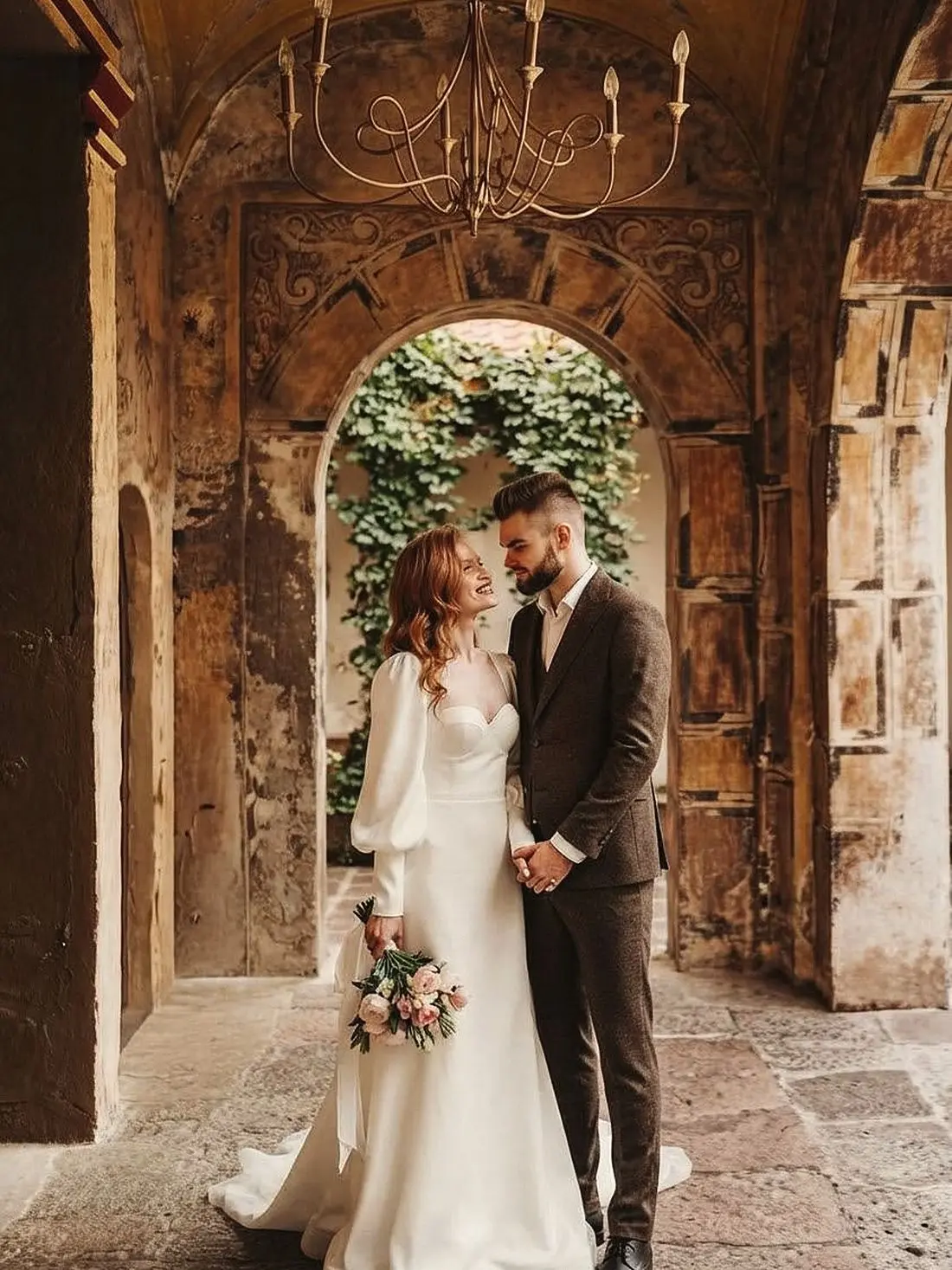 The couple under the carved arch of a quinta loggia