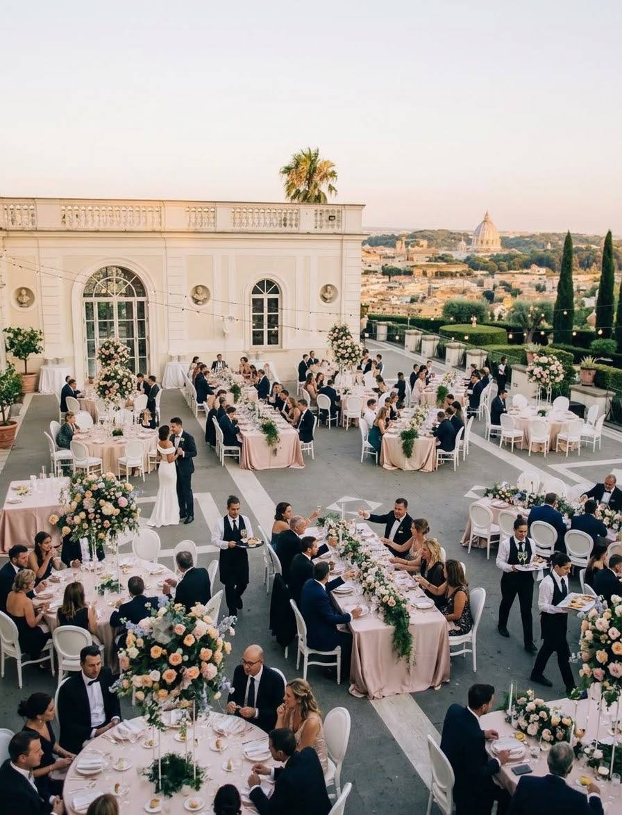 Large destination wedding reception arranged on a terrace overlooking Rome