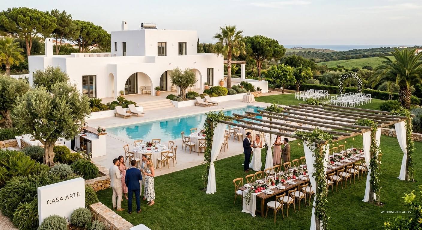 White villa beside a pool and coastal garden prepared for a wedding celebration