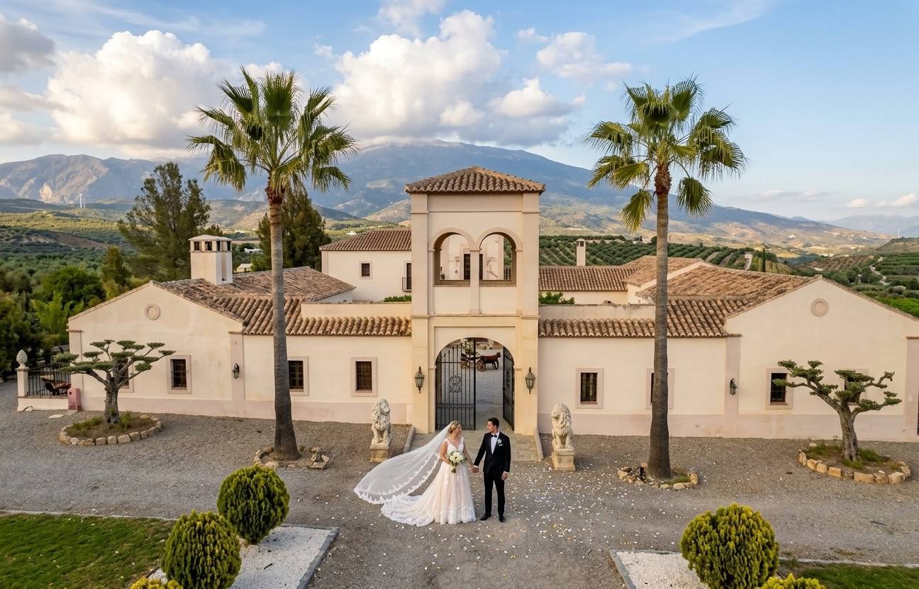 Bride and groom outside a Spanish finca with palms, olive groves and mountain views