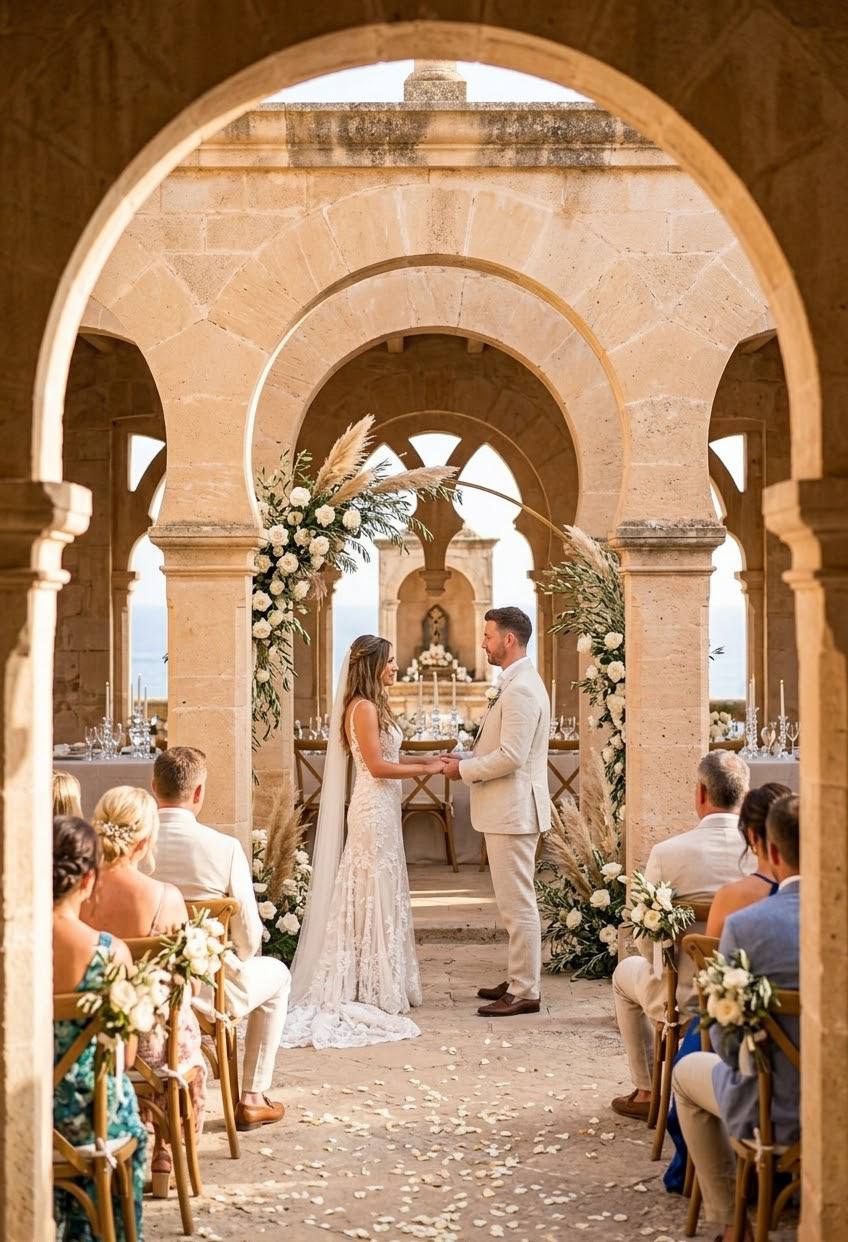 Wedding ceremony beneath stone arches with the couple and guests gathered in warm Mediterranean light